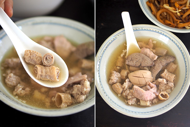 They also serve pig's intestines that has multiple layers (left). Your pork noodles is served with a generous portion of mince, pork slices, pig's kidney and liver (right).