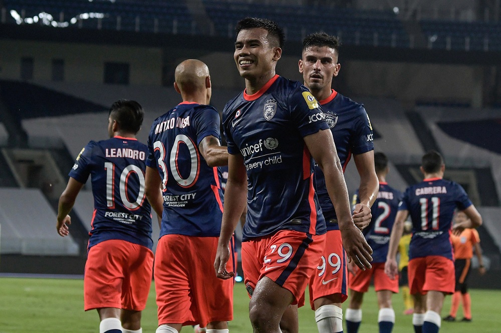 JDTu00e2u20acu2122s Muhammad Safawi Rasid celebrates after scoring a goal against Kedah Darul Aman FC at Stadium Sultan Ibrahim in Iskandar Puteri March 5, 2021. u00e2u20acu2022 Bernama pic