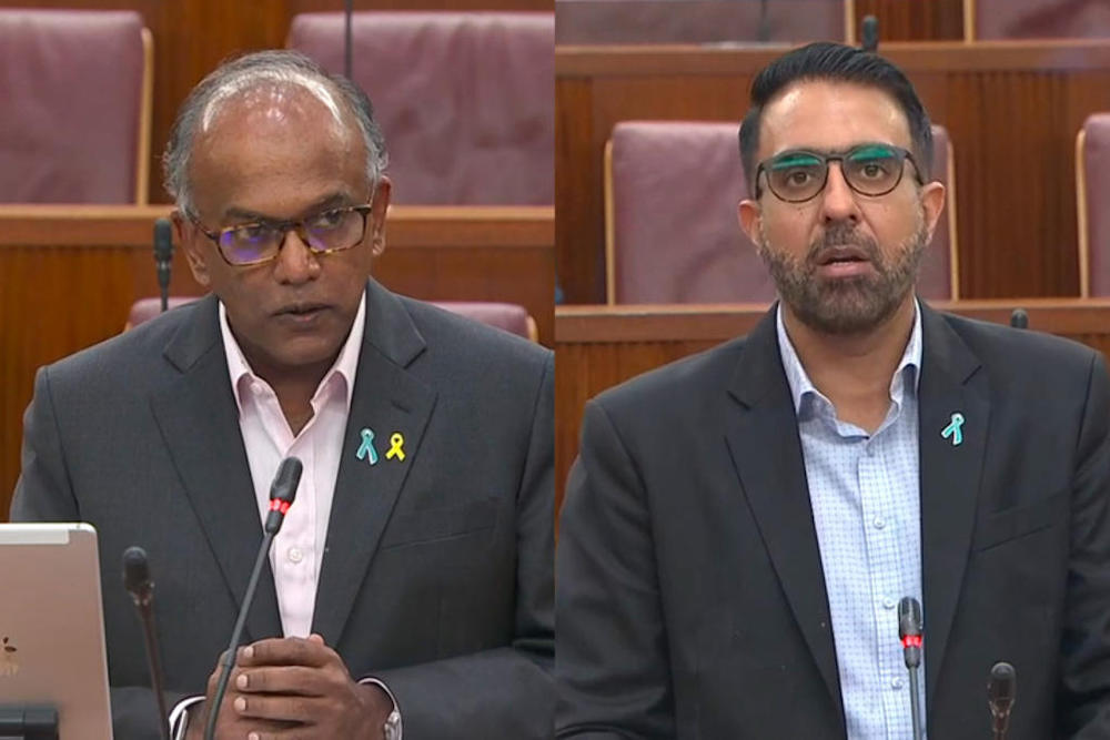 Law and Home Affairs Minister K Shanmugam (left) and Leader of the Opposition Pritam Singh in Parliament on March 1, 2021. u00e2u20acu201d CNA screengrab via TODAY