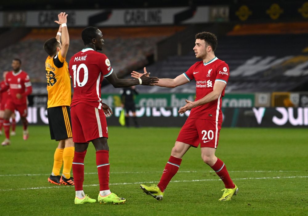 Liverpool's Diogo Jota celebrates scoring their first goal against Wolverhampton Wanderers with Sadio Mane at the Molineux Stadium, Wolverhampton March 15, 2021. u00e2u20acu201d Reuters pic