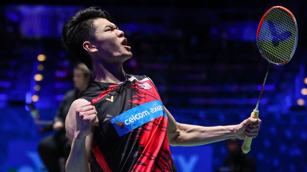 Lee Zii Jia celebrates on entering his first major final after beating Dutchman Mark Caljouw at the All England Open Badminton Championship in Birmingham March 21, 2021. u00e2u20acu2022 Picture via BWF