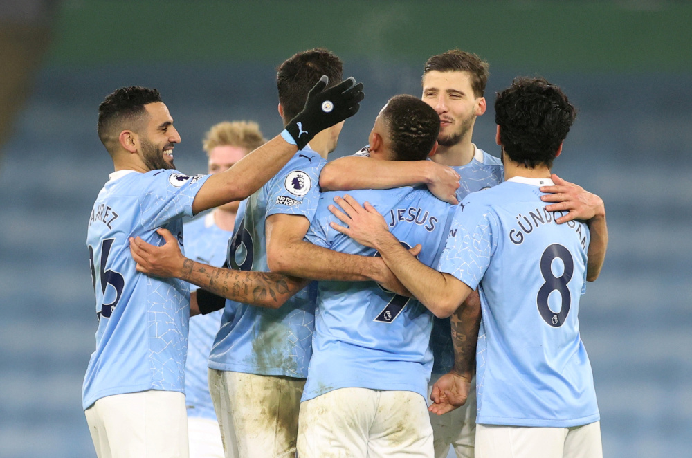 Manchester City players celebrate after the match against Wolverhampton Wanderers at Etihad Stadium, Manchester, March 2, 2021. u00e2u20acu201d Reuters pic 