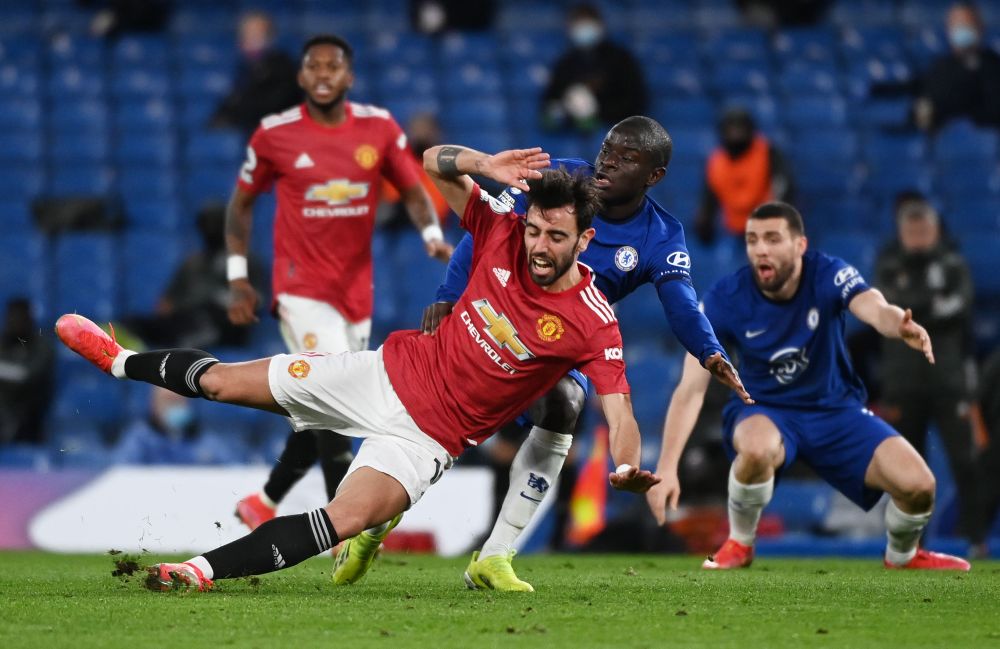 Manchester United's Bruno Fernandes in action with Chelsea's N'Golo Kante at Stamford Bridge, London February 28, 2021. u00e2u20acu201d Reuters pic