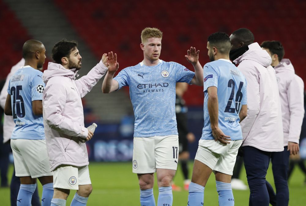 Manchester City's Kevin De Bruyne celebrates after the match against Borussia Moenchengladbach at the Puskas Arena, Budapest March 16, 2021. u00e2u20acu201d Reuters pic