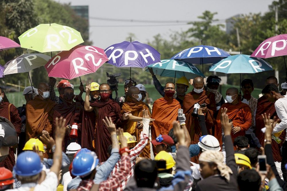 Monks take part in a demonstration against the military coup in Yangon on March 11, 2021. u00e2u20acu201dAFP pic