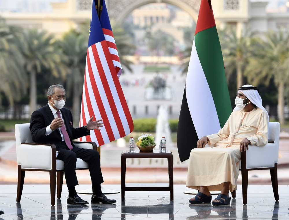 Tan Sri Muhyiddin Yassin (left) meets Vice President and Prime Minister of the United Arab Emirates (UAE) and Ruler of Dubai Sheikh Mohammed bin Rashid Al Maktoum at Zabeel Palace, March 10, 2021. u00e2u20acu201d Bernama pic 