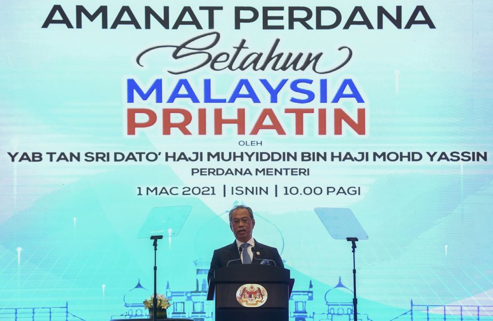 Prime Minister Tan Sri Muhyiddin Yassin delivers a keynote address at the Putrajaya International Convention Centre March 1, 2020. u00e2u20acu201d Bernama pic