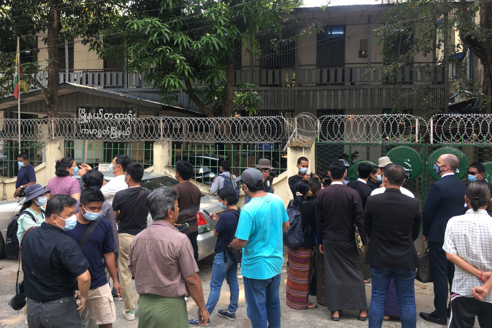 Members of the media gather outside Kamaryut Court in Yangon March 12, 2021, as the court held a hearing in the case of Associated Press (AP) photographer Thein Zaw, who was arrested as he covered a demonstration against the military coup. u00e2u20acu201d AFP pic 