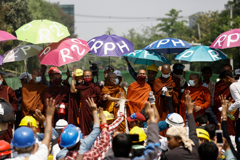 Monks take part in a demonstration against the military coup in Yangon March 11, 2021. u00e2u20acu201d AFP picnn