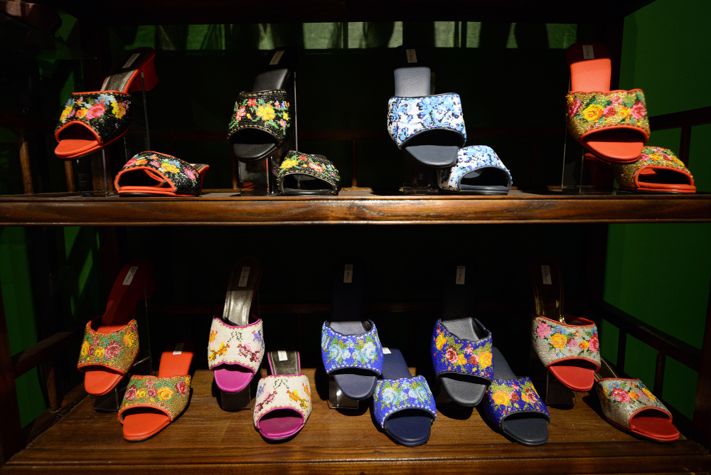 Various types of hand-sewn Nyonya shoes by Kenny on display for sale. — Picture by Steven Ooi KE