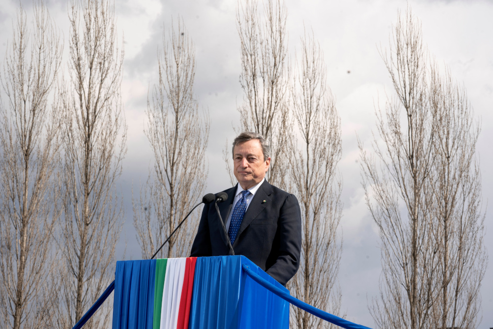 Italian Prime Minister Mario Draghi speaks during a ceremony to honour victims of Covid-19 on its first National Day in memory of victims, in Bergamo March 18, 2021. u00e2u20acu201d Filippo Attili/Palazzo Chigi Press Office handout pic via Reuters 
