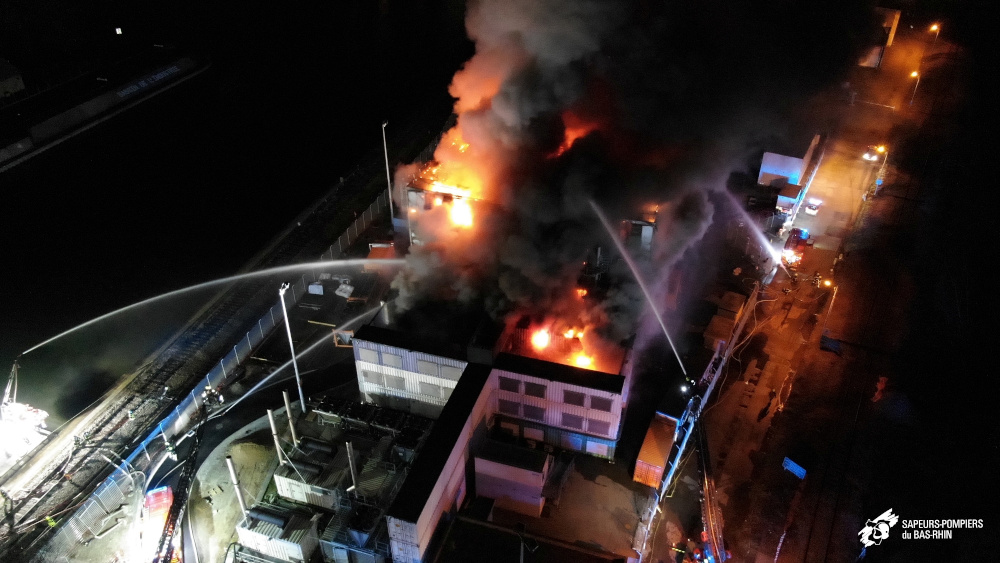 General view of firefighters working to extinguish a fire at the French cloud computing company OVHcloud in Strasbourg March 10, 2021. Picture taken with a drone. u00e2u20acu201d Sapeurs-pompiers du Bas-Rhin handout pic via Reuters
