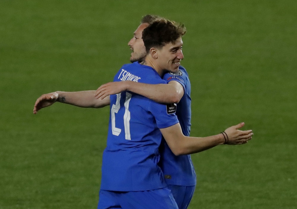 Greece's Konstantinos Tsimikas celebrates with teammates after the match against Spain March 26, 2021. u00e2u20acu2022 Reuters pic
