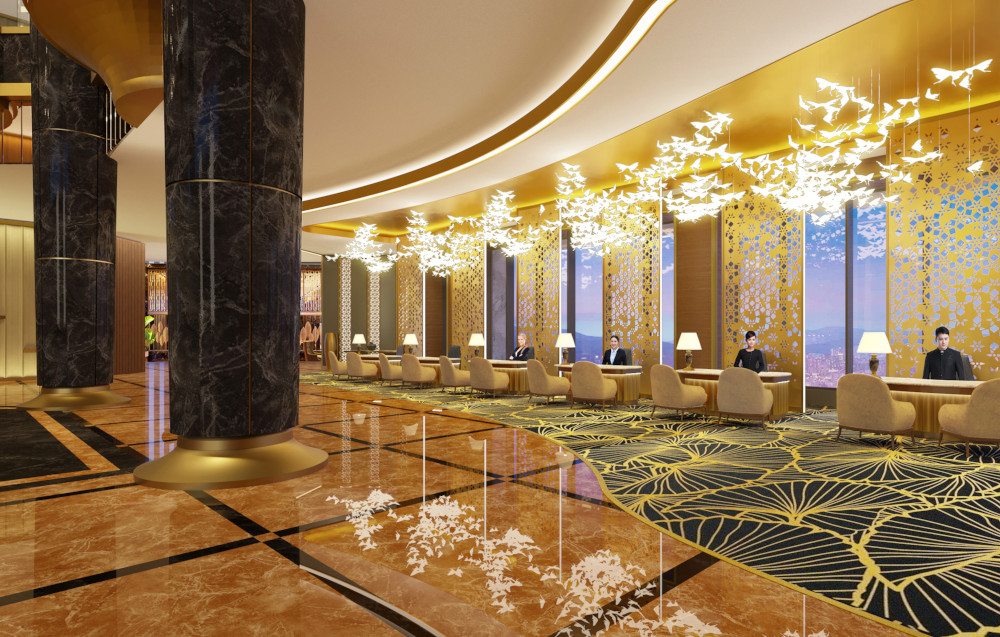 The lobby will showcase a harmonious combination of gold, marble, and large chandeliers. — Picture courtesy of Sunway Resort