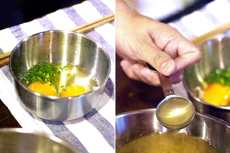 You may add other ingredients such as spring onions (left) and 'dashi' broth (right) to the egg mixture.