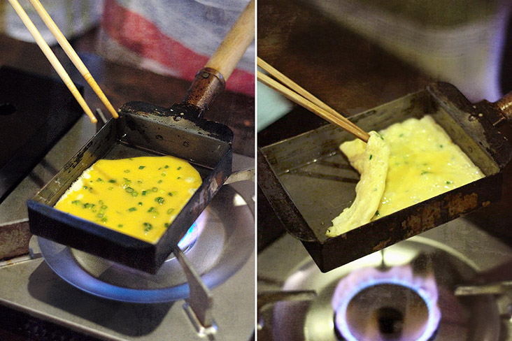 Pour about a quarter or third of the egg mixture, rolling it once it’s three-quarters cooked.