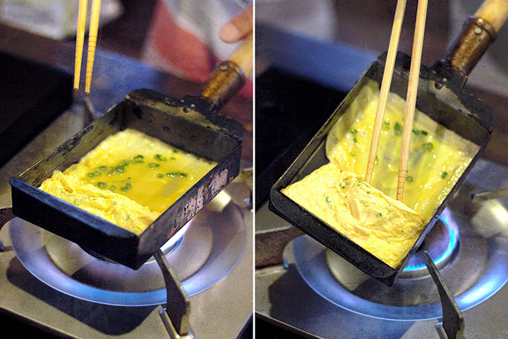 Pour more of the egg mixture, lifting the cooked egg so the raw egg will flow in underneath it.