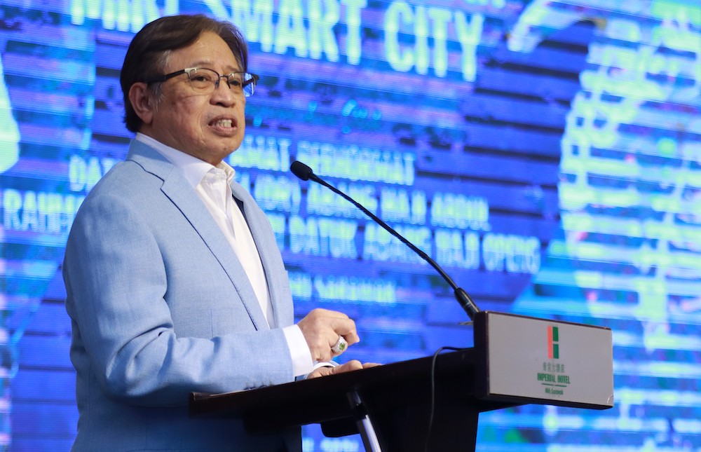 Sarawak Chief Minister Datuk Patinggi Abang Johari Openg speaks during the launch of Miri Smart Cityu00c2u00a0in Miri April 12, 2021. u00e2u20acu201d Pictureu00c2u00a0courtesy of Sarawak Public Communications Unit (Ukas)