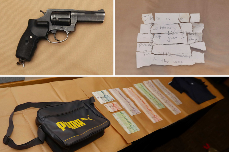 The man's firearm (top left), the note the man passed to the shop staff (top right), and the bag the man was carrying as well as the stolen cash (bottom). u00e2u20acu201d Pictures from TODAY and Singapore Police Force