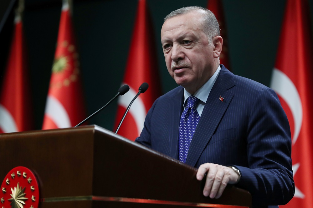 Turkish President Tayyip Erdogan gives a statement after a meeting in Ankara, Turkey, April 5, 2021. u00e2u20acu201d Picture by Murat Cetinmuhurdar/PPO/Handout via Reuters 