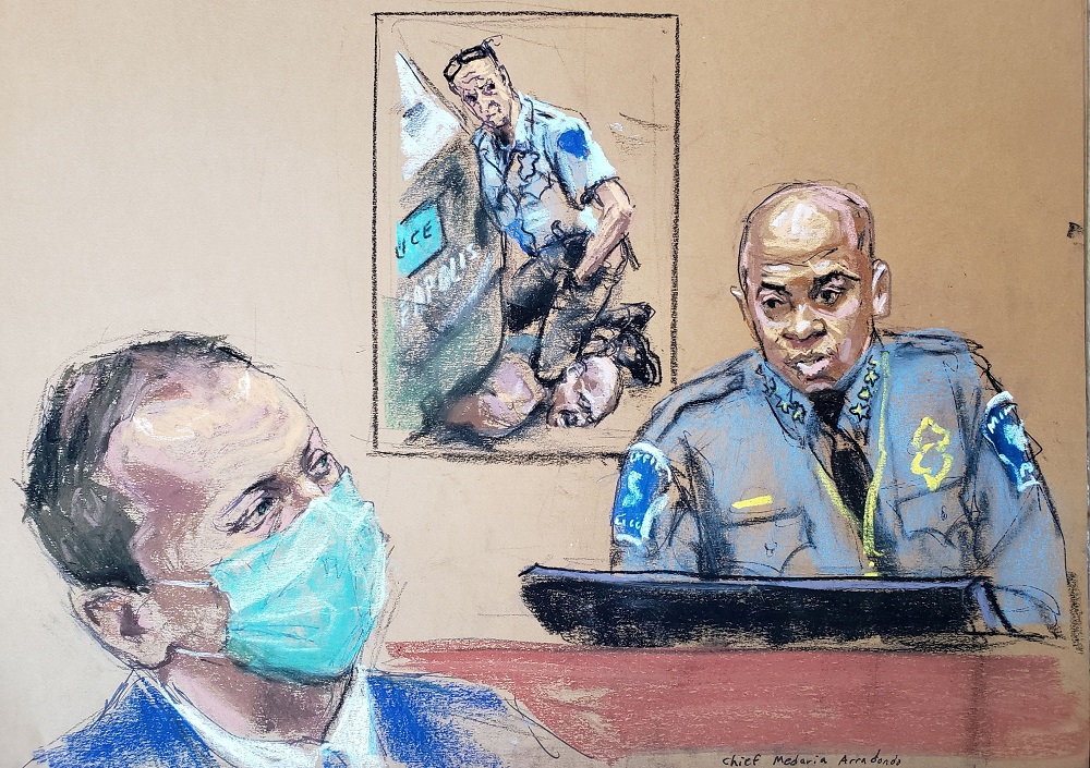 Minneapolis Police Chief Medaria Arradondo answers questions on the sixth day of the trial of former Minneapolis police officer Derek Chauvin (left) in the death of George Floyd in Minneapolis April 5, 2021 in this courtroom sketch. u00e2u20acu201d  Picture by Jane R