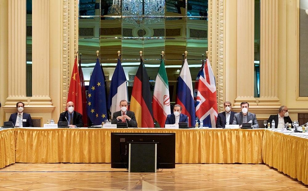 European External Action Service Deputy Secretary General Enrique Mora and Iranian Deputy at Ministry of Foreign Affairs Abbas Araghchi wait for the start of a meeting of the JCPOA Joint Commission in Vienna April 6, 2021. u00e2u20acu201d EU Delegation in Vienna/Hand