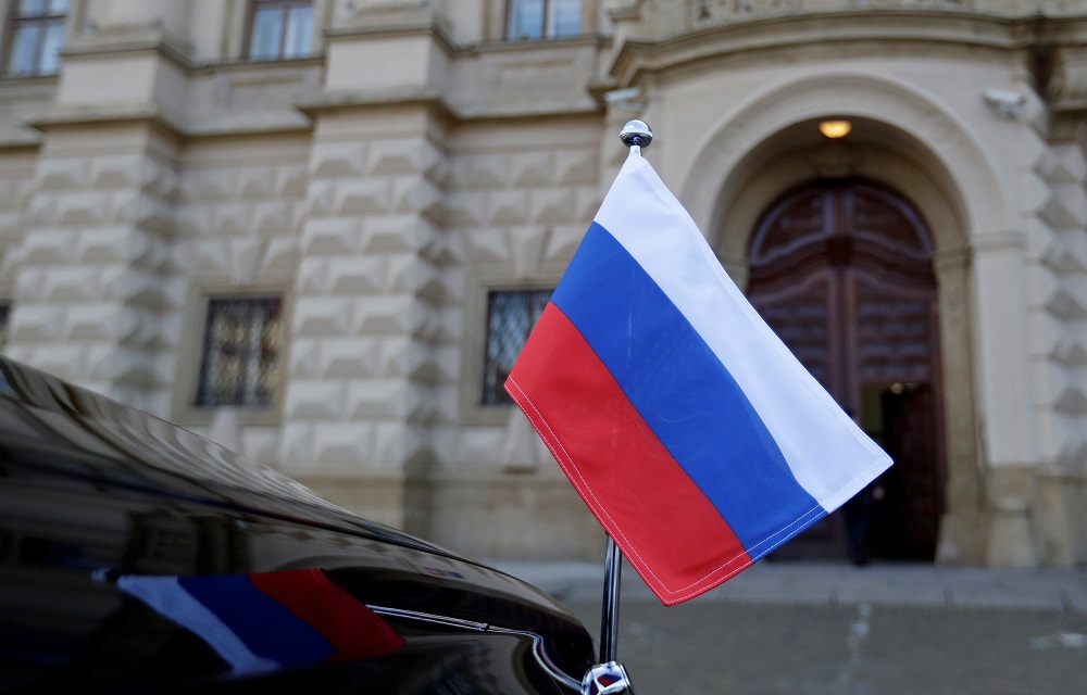 Russian national flag is seen on a car in front of the Foreign Ministry in Prague April 21, 2021. u00e2u20acu201d Reuters pic