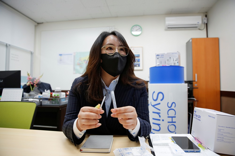 Cho Mi-heui, vice president of PoongLim Pharmatech Inc speaks during an interview with Reuters at a company office in Gunsan April 5, 2021. — Reuters pic