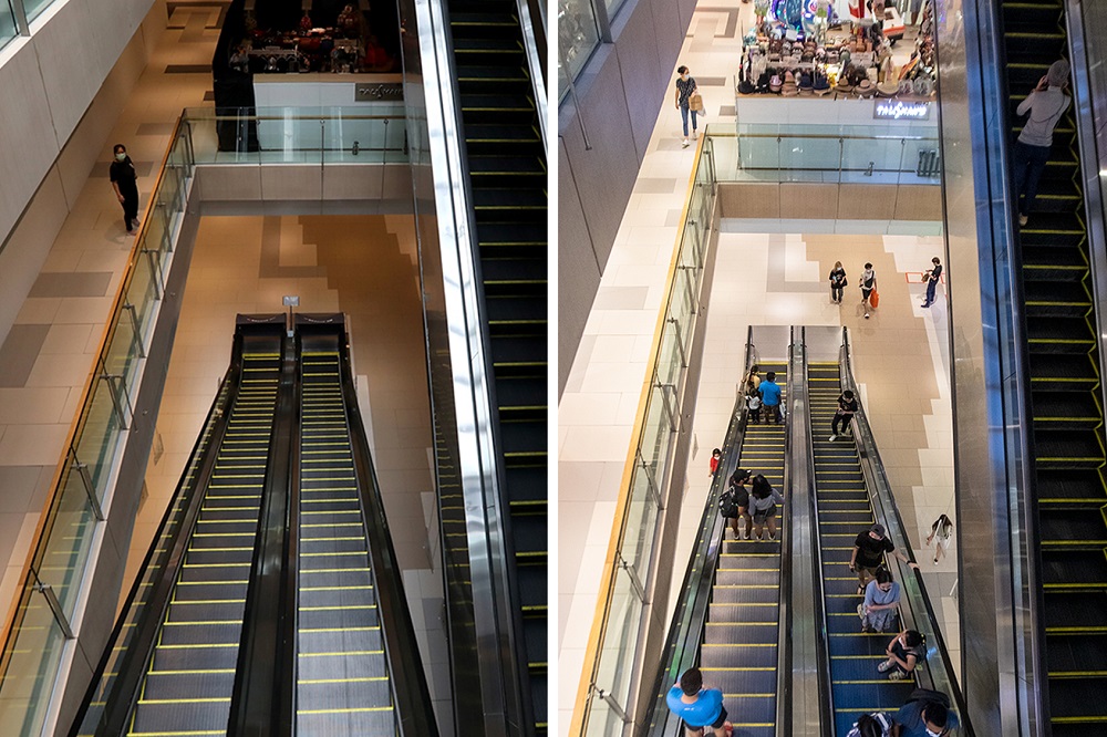 (Left) Westgate mall at Jurong East on April 7, 2020. Retail shops were shut and only essential services were allowed to operate during the circuit breaker. (Right) Footfall at Westgate mall on April 7, 2021. — TODAY pic