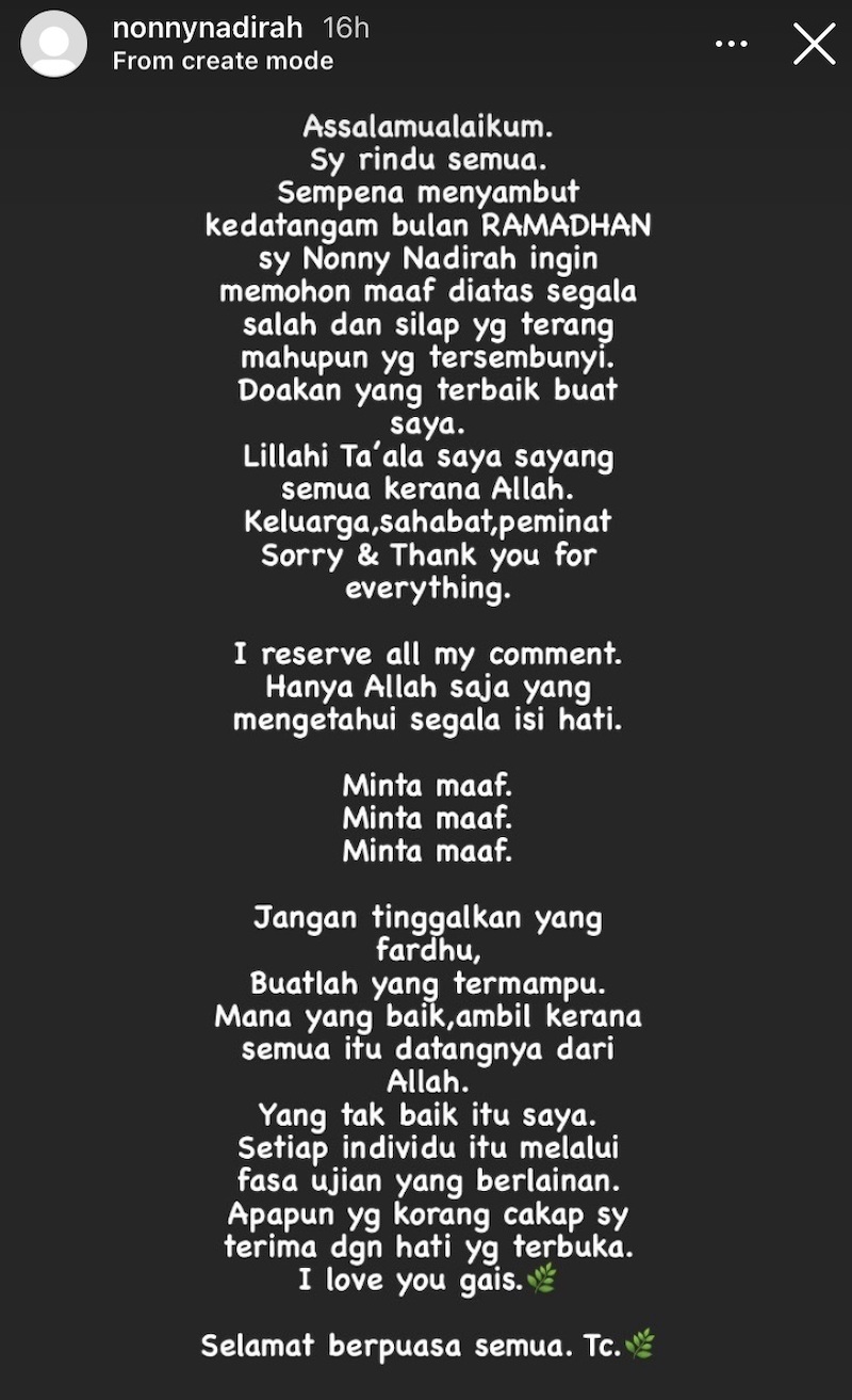 The 31-year-old said she will accept comments with an open heart in her apology. — Screengrab from Instagram/Nonny Nadirah