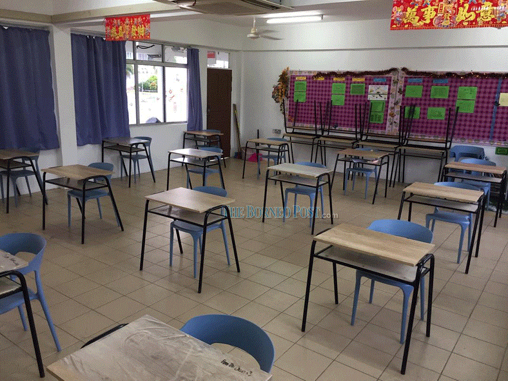 File photo shows an empty classroom set up for physical distancing. u00e2u20acu201d Borneo Post Online