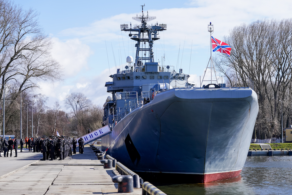 A view of the Minsk large landing ship during a ceremony held in the harbour of of Baltiysk to welcome back a naval force of the Russian Baltic Fleet after a long journey to the North and Baltic Seas,April 3, 2021. u00e2u20acu201d Vitaly Nevar/TASS via Reuters 