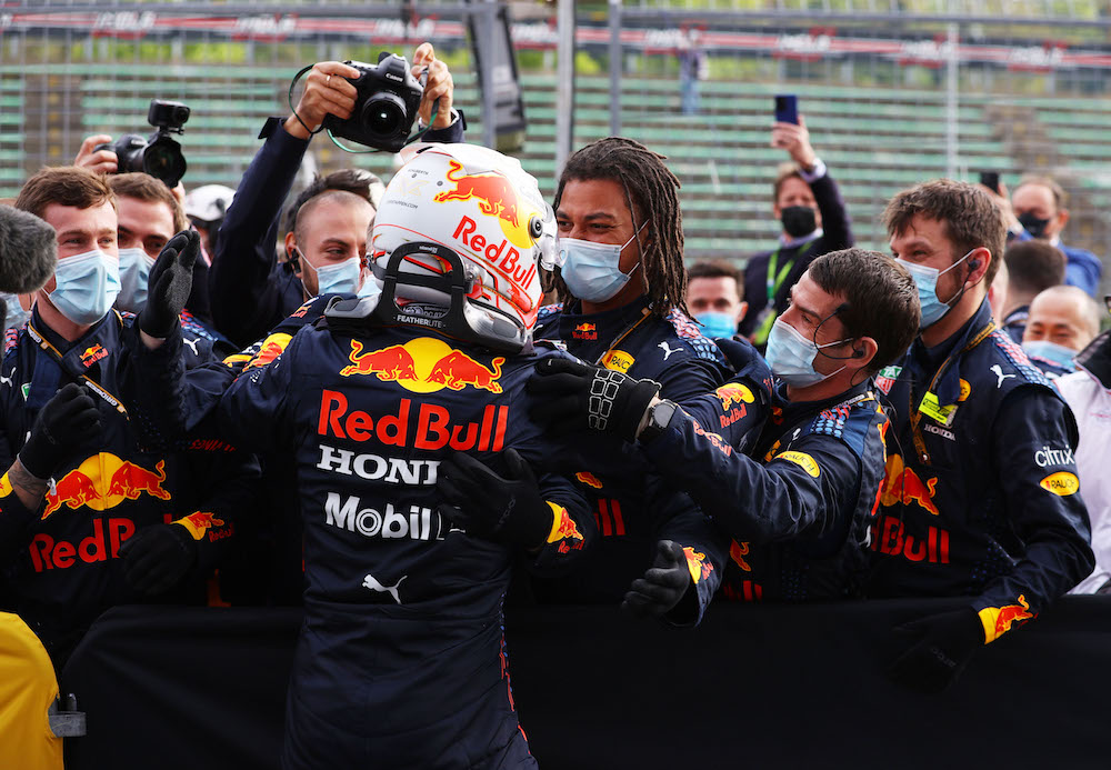 Red Bull's Max Verstappen celebrates after winning the Emilia Romagna Grand Prix with the team at the Autodromo Enzo e Dino Ferrari, Imola, Italy April 18, 2021 u00e2u20acu201d Reuters Pool pic