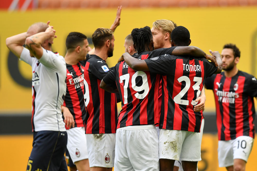 AC Milan players celebrate after Genoa's Gianluca Scamacca scored an own goal and AC Milan's second at San Siro, Milan, Italy, April 18, 2021. u00e2u20acu201d Reuters picnn