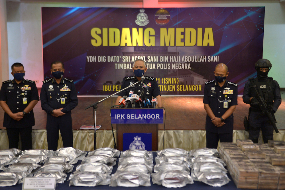 Deputy Inspector-General of Police (IGP) Datuk Seri Acryl Sani Abdullah Sani speaks during a press conference after the narcotics department carried out a raid on two illegal drug labs in IPK Shah Alam April 26, 2021. u00e2u20acu201d Picture by Miera Zulyana