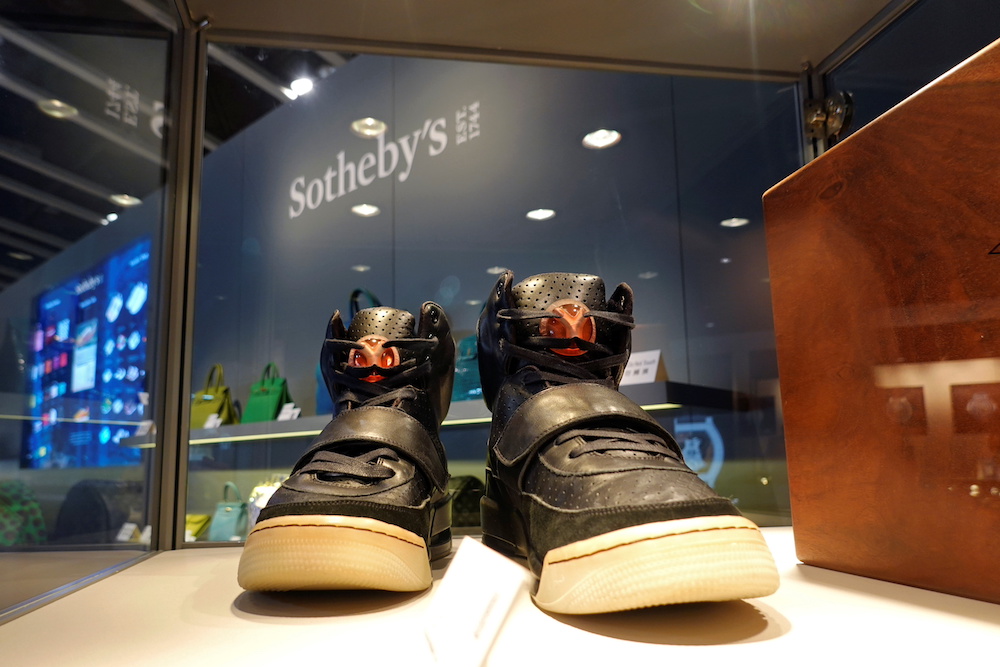 A pair of 'Nike Air Yeezy 1' prototype sneakers designed by Kanye West, are displayed at the Hong Kong Convention and Exhibition Centre before going up for private sale at Sotheby's, in Hong Kong, China April 16, 2021. u00e2u20acu201d Reuters pic