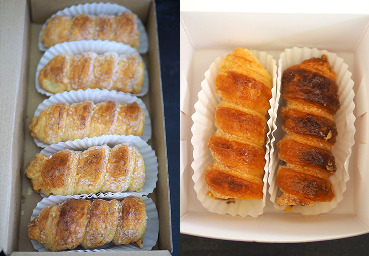 Strudel Bakery House sells their cream horns in a box of five pieces. They also offer different flavours such as chocolate, blueberry and passion fruit (left). You can buy just one or two cream horns at Fruity Bakery & Cafe from their Klang outlet (right).