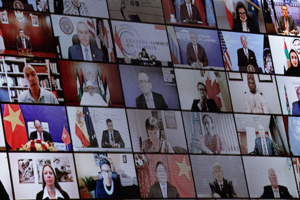 World leaders appear on a video screen during a virtual Climate Summit with world leaders in the East Room at the White House in Washington, US, April 23, 2021. u00e2u20acu201d Reuters pic