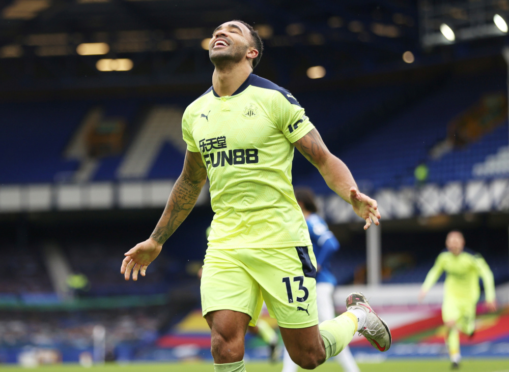 Newcastle Unitedu00e2u20acu2122s Callum Wilson celebrates scoring their first goal during a match against Everton at Goodison Park, Liverpool, January 30, 2021. u00e2u20acu201d Reuters pic 