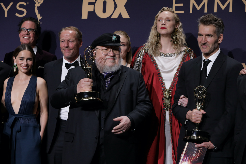 George R.R. Martin (centre) and the cast and crew of Game of Thrones poses backstage with their award for Outstanding Drama Series at the 71st Primetime Emmy Awards in Los Angeles, September 22, 2019. u00e2u20acu201d Reuters picnn
