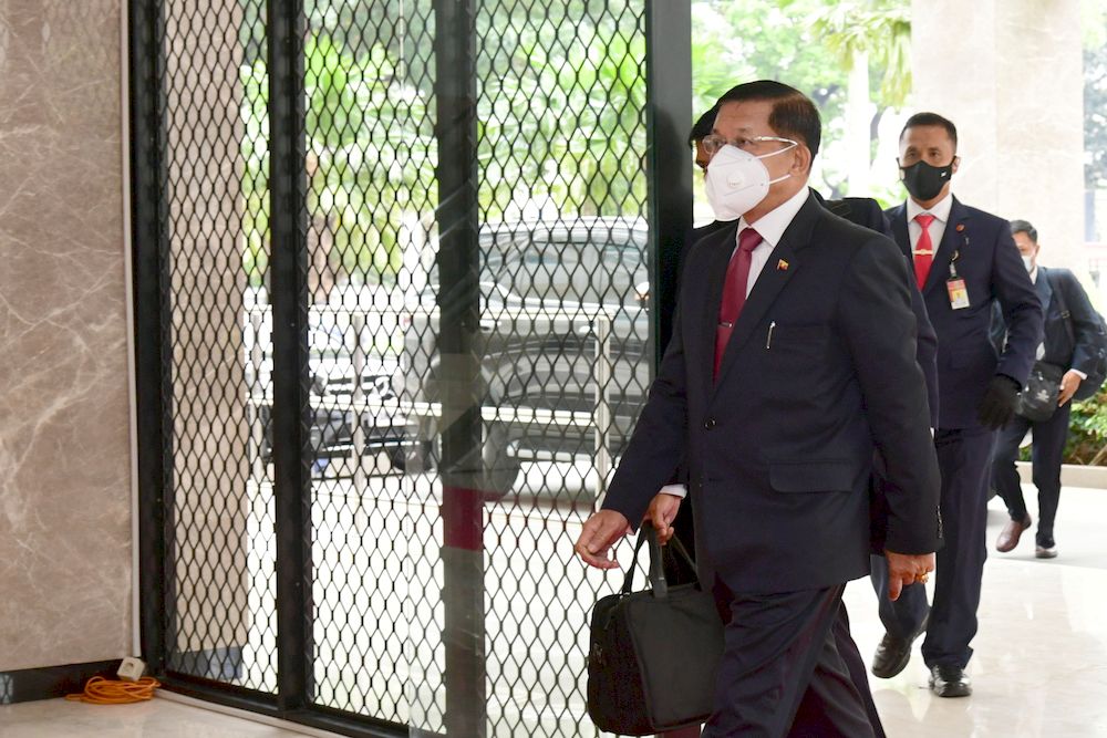 Myanmaru00e2u20acu2122s junta chief Senior General Min Aung Hlaing arrives as he attends the Asean leaders' summit at the Association of Southeast Asian Nations (Asean) secretariat building in Jakarta, Indonesia, April 24, 2021. u00e2u20acu201d Courtesy of Muchlis Jr/Indonesian 