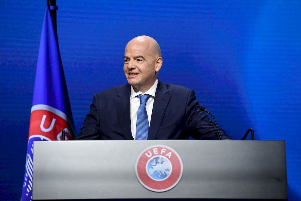 Fifa President Gianni Infantino during the 45th Ordinary Uefa Congress, Montreux, Switzerland, April 20, 2021 u00e2u20acu201d UEFA/Handout via Reuters