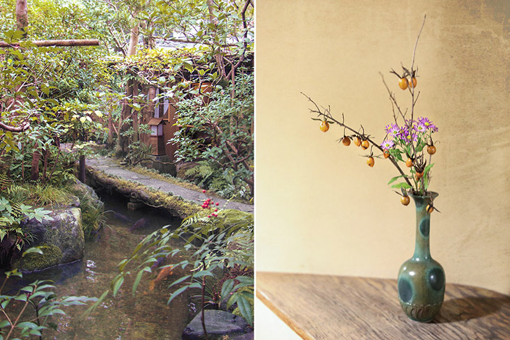 From the green of the garden outside to the colours of the flower arrangement inside.