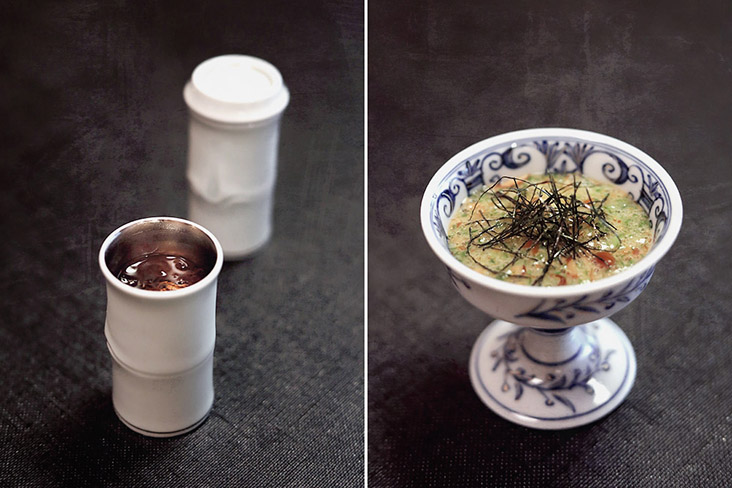 Welcome drink and an amuse-bouche before the 'kaiseki' courses arrive.