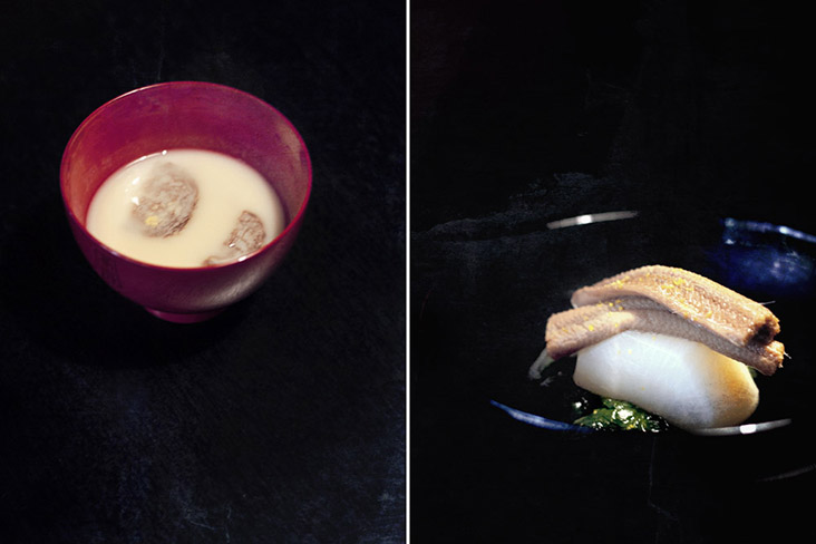 White miso soup with chestnut (left). Steamed 'anago' (salt-water eel) atop simmered radish (right).
