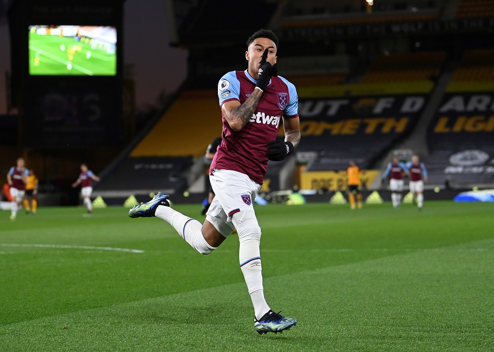 West Ham United's Jesse Lingard celebrates after scoring the first goal against Wolverhampton Wanderers April 6, 2021. u00e2u20acu2022 Pool via Reuters