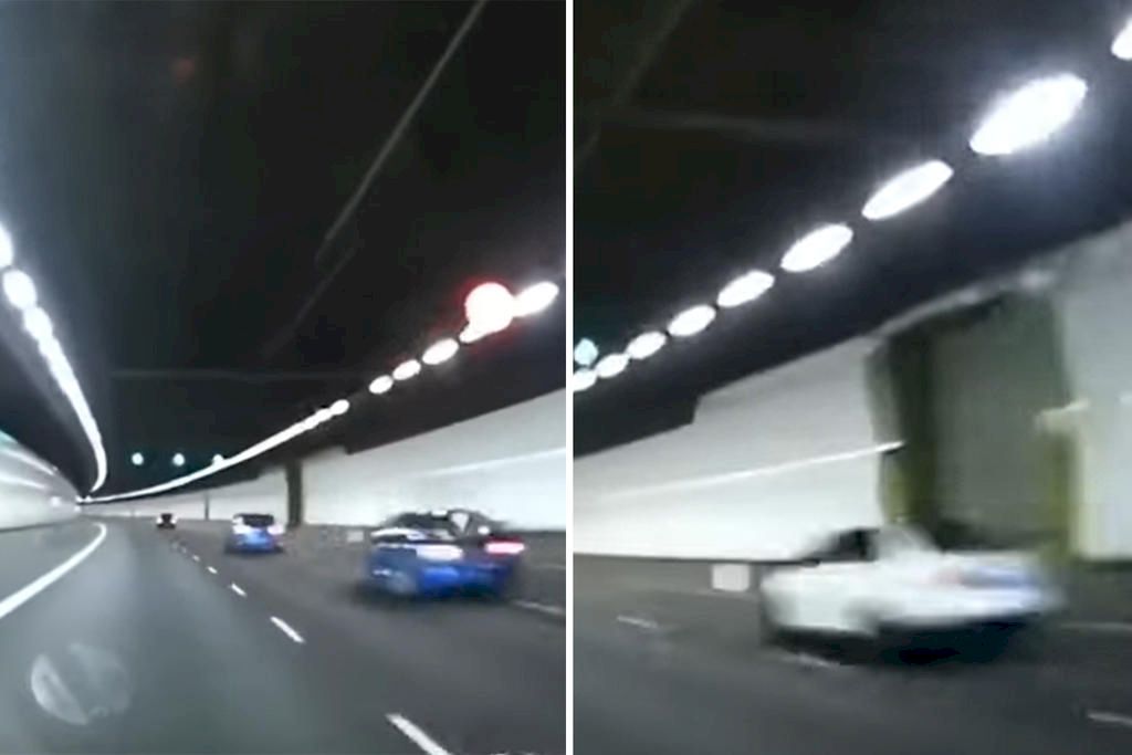 Yeo Jing Cheng's white Volkswagen Jetta (right) speeding on the KPE on May 16, 2020, at a time when the circuit breaker restrictions on activities and movement were in place. Other vehicles in the convoy are pictured in the left-hand image. u00e2u20acu201d Screengrab