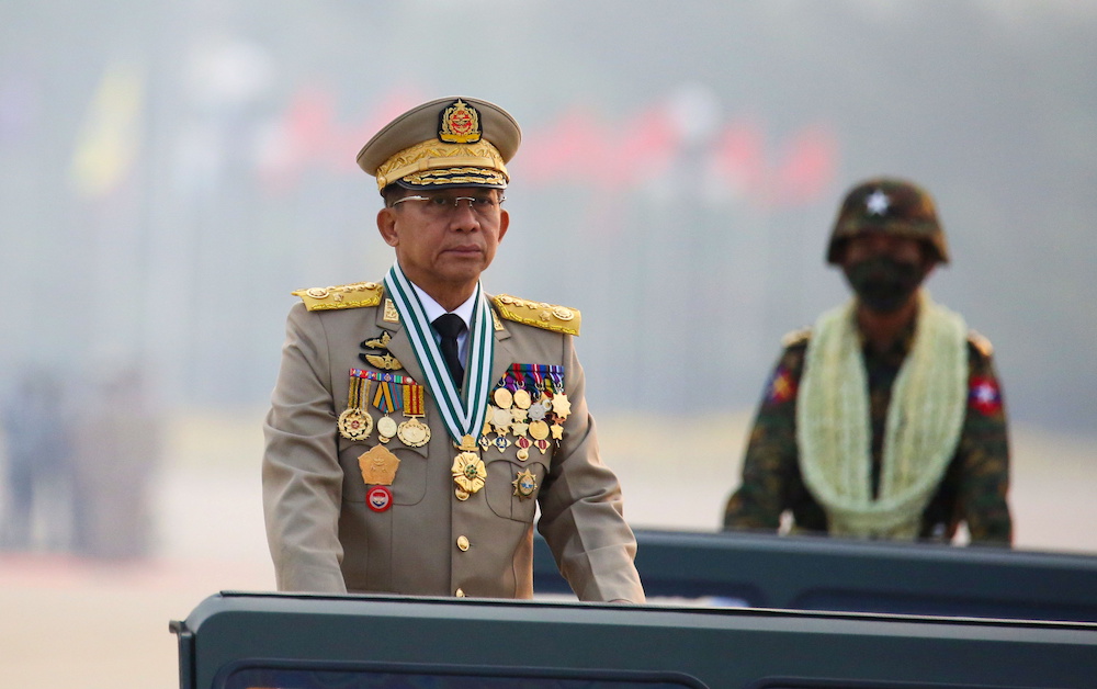 Myanmaru00e2u20acu2122s junta chief Senior General Min Aung Hlaing, who ousted the elected government in a coup on February 1, presides an army parade on Armed Forces Day in Naypyitaw, Myanmar, March 27, 2021. u00e2u20acu201d Reuters picnnnn