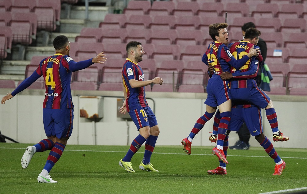Barcelona's Ousmane Dembele celebrates with his teammates after scoring the first goal against Real Valladolid April 6, 2021. u00e2u20acu2022 Reuters pic