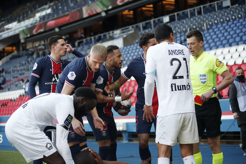 Paris St Germainu00e2u20acu2122s Neymar remonstrates with referee after he was shown a red card during the match against Lille at Parc de Princes in Paris, April 4, 2021. u00e2u20acu201d Reuters picnnnn